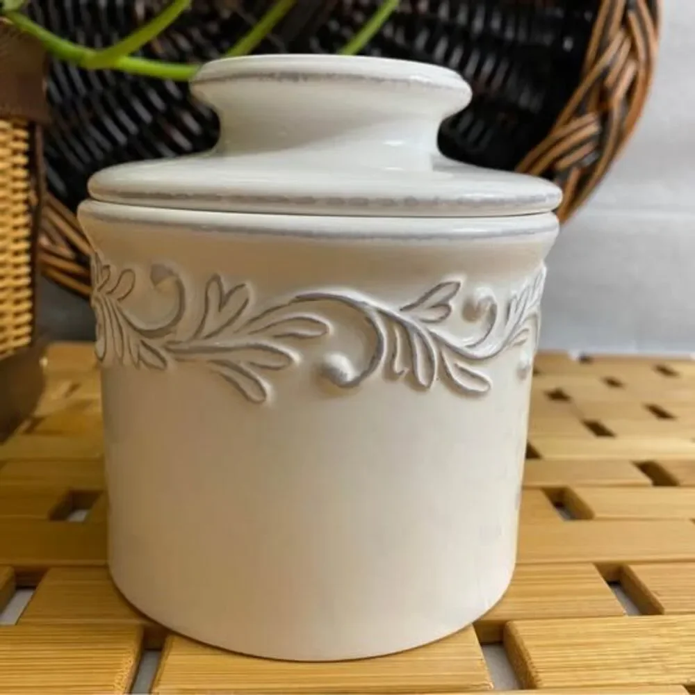 French Ceramic Butter Dish, White Linen Ceramic Butter Bell